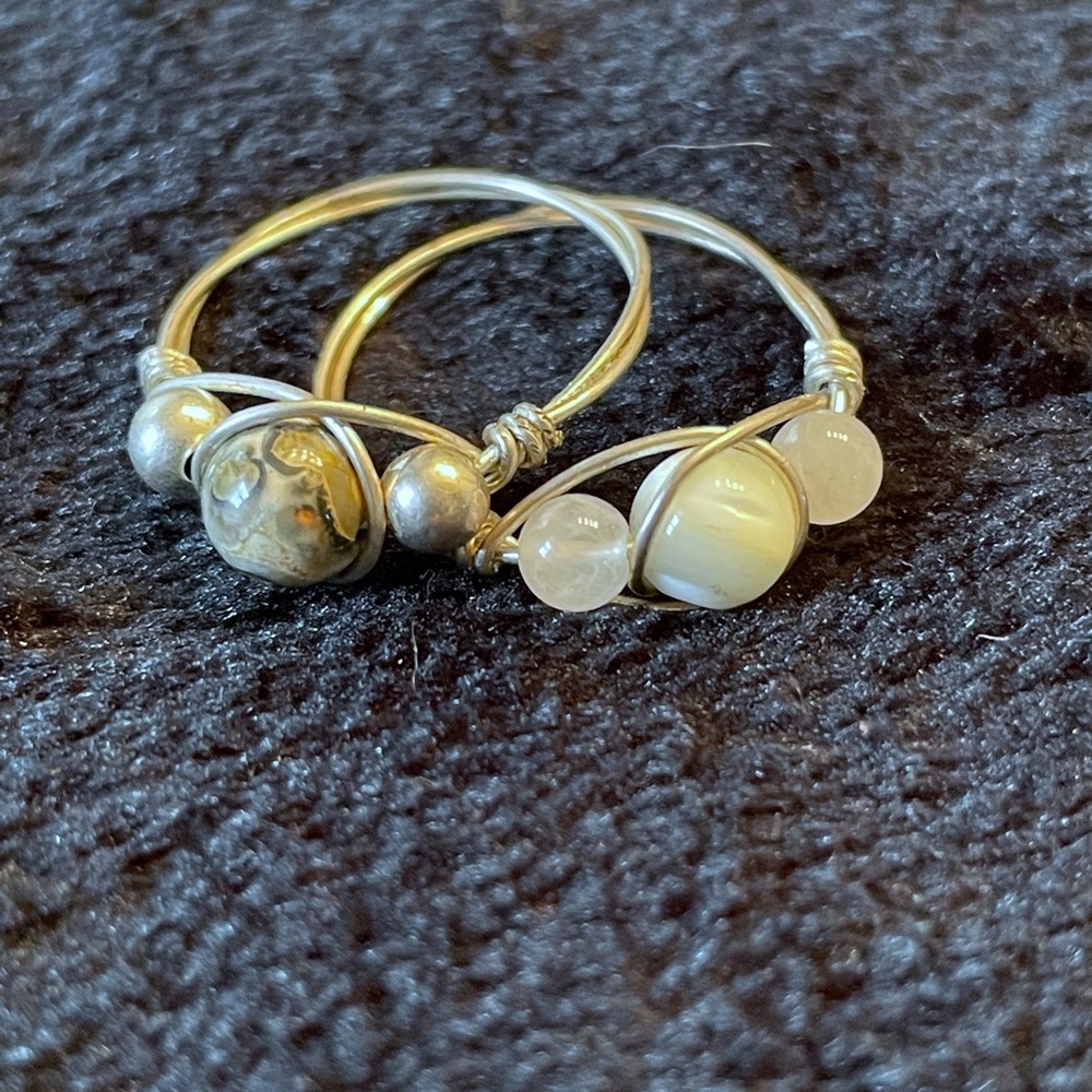 2 sterling silver and stone bead wire wrap rings size 7.5